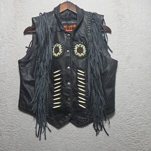NWT Hot Leathers Women's 2XL Black Leather Fringe Vest Boho Western Beaded Bone